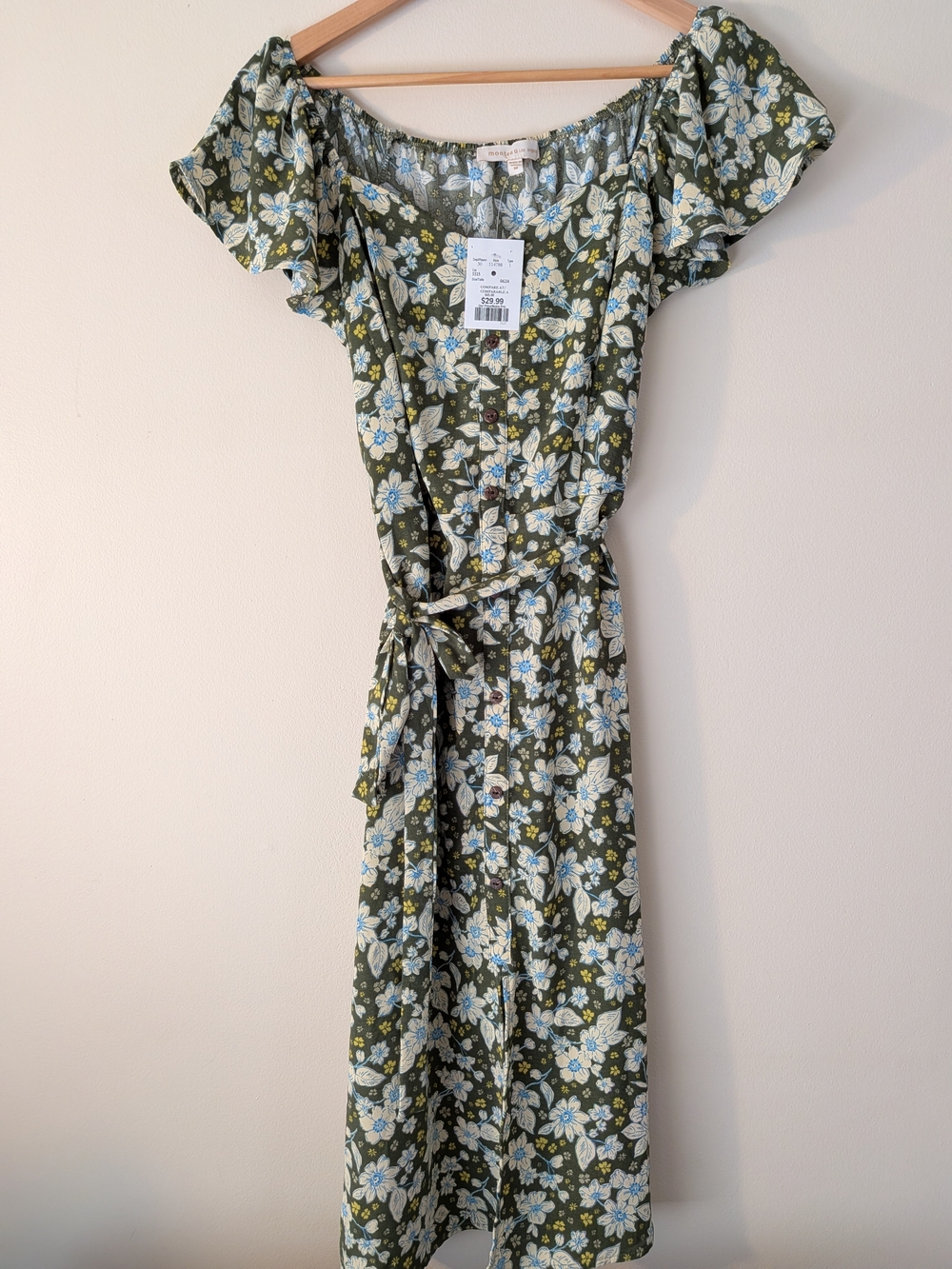 NWT Monteau Olive Green Floral Off-Shoulder Tie-Waist Midi Dress